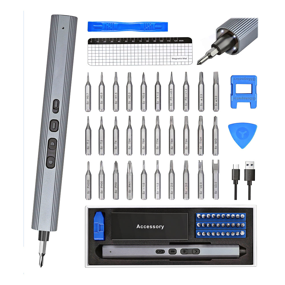 Mini Cordless Electric Screwdriver Kit with 30 S2 Bits & 4 LEDs